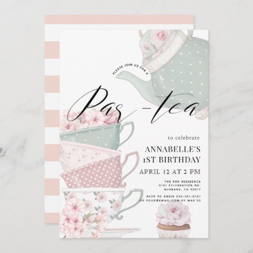Tea Par_tea Floral Teapot Pink1st Birthday Invitation