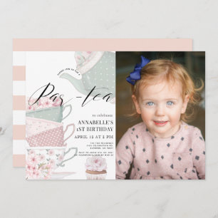 Tea Par-tea Floral Teapot Pink1st Birthday Photo Invitation