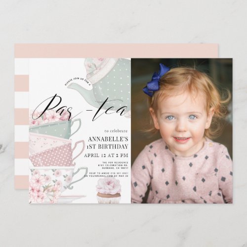 Tea Par_tea Floral Teapot Pink1st Birthday Photo Invitation