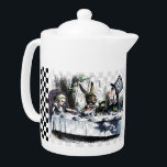 Tea Party 2 Teapot<br><div class="desc">Medium white Porcelain teapot with a vintage Alice in Wonderland image, on both sides, of Alice at the Mad Hatter's tea party with the March Hare, and Dormouse on a light gray checkerboard background with black and white checkerboard borders. See matching candy jar, espresso cup, pitcher, paper plate and coasters....</div>