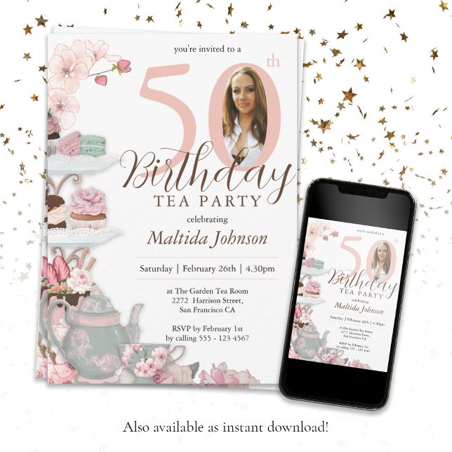 Tea Party 50th Birthday Floral Pink Custom Photo  Invitation (Tea Party 50th Birthday Floral Pink Custom Photo Invitation)