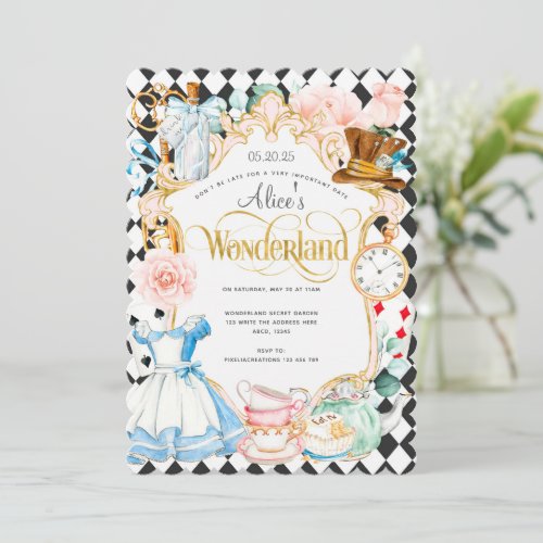 Tea party Alice in wonderland pink girl birthday I Invitation