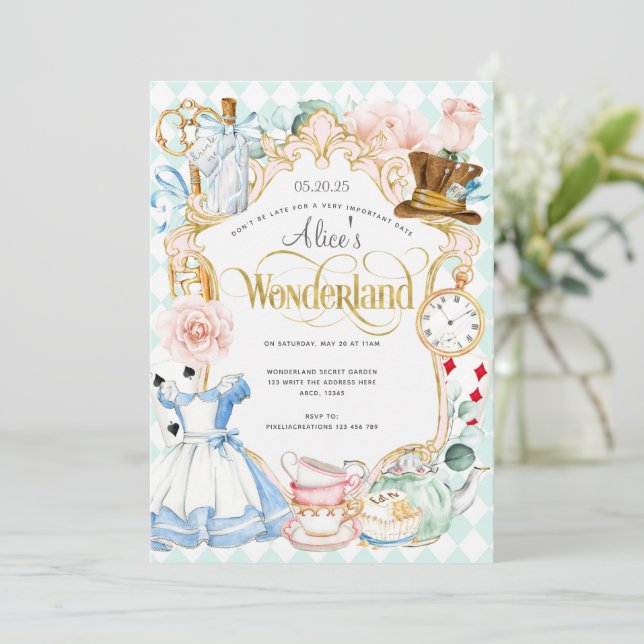 Tea party Alice in wonderland pink girl birthday I Invitation (Standing Front)