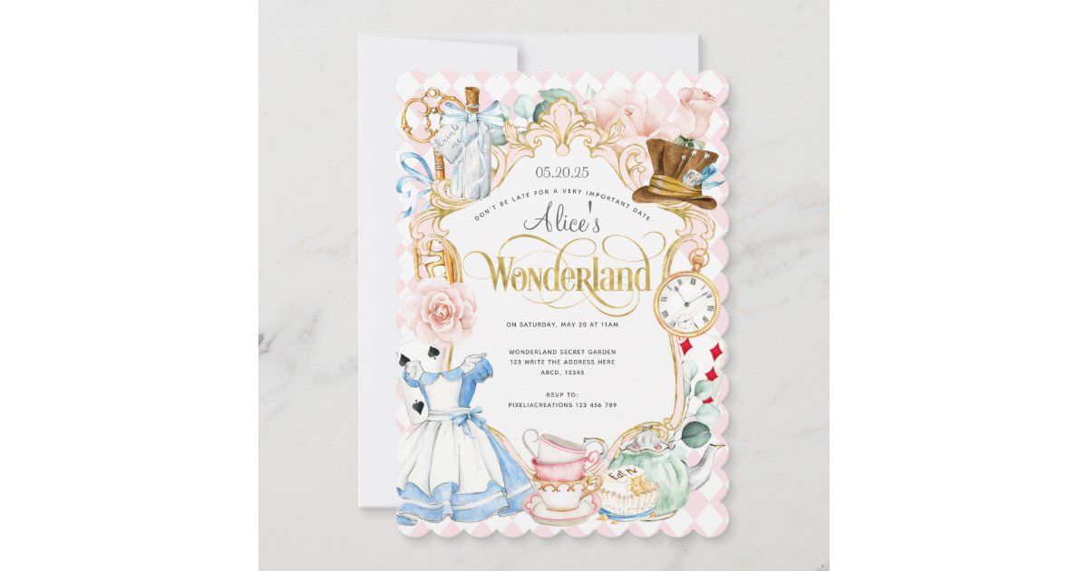 Alice in Wonderland Birthday, Baby Shower Invitations, Tea Party  Invitations, 20 Invitations + 20 Envelopes, black