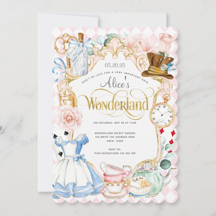 Tea party Alice in wonderland pink girl birthday I Invitation | Zazzle