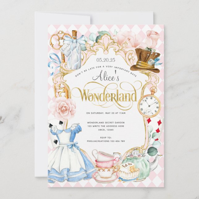 Tea party Alice in wonderland pink girl birthday Invitation (Front)