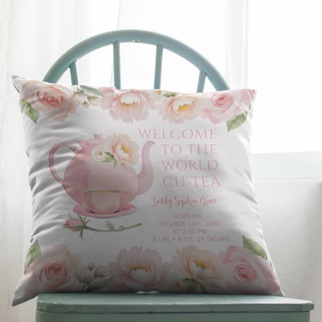 Tea Party Baby Girl Birth Stats Floral Keepsake  Throw Pillow (Baby Keepsake Throw Pillow)