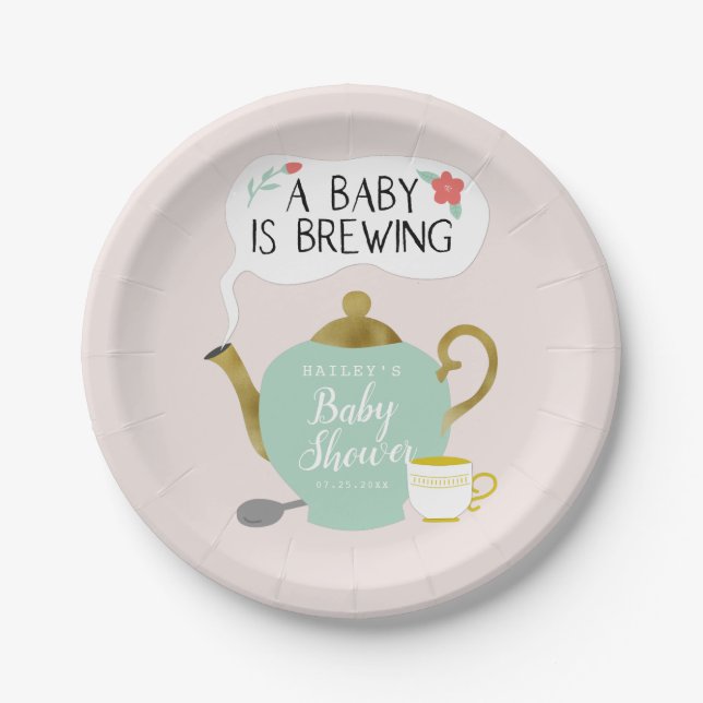 Tea Party Baby Shower | Baby Is Brewing Paper Plates (Front)