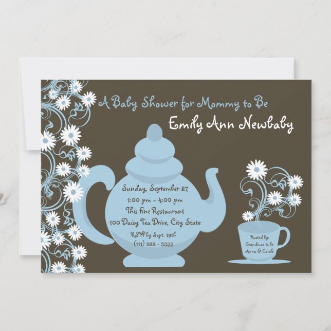 Tea Party Baby Shower Blue and Brown Invitation (Front)
