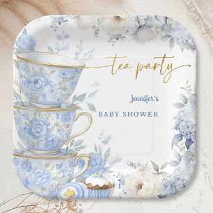 Tea Party Baby Shower Blue & Gold Floral Boy Paper Plates