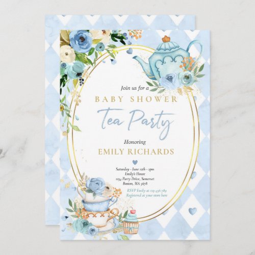 Tea Party Baby Shower Boy Blue Roses Baby Brewing Invitation