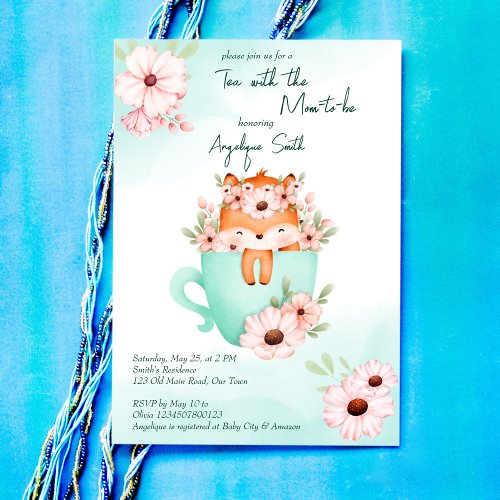 Tea party baby shower cute baby fox in a mug invitation
