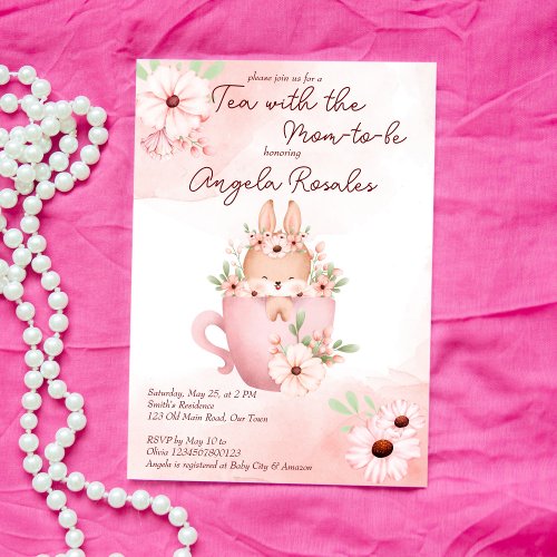 Tea party baby shower cute pink bunny in a mug invitation
