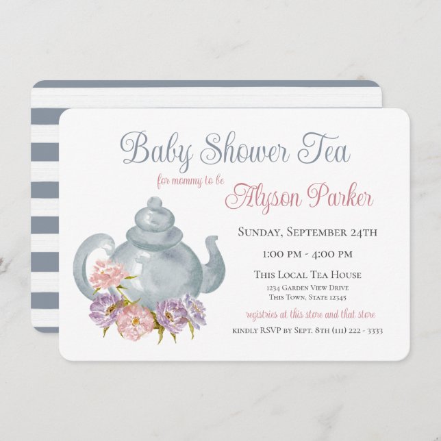 Tea Party Baby Shower Floral Tea Pot Invitation (Front/Back)