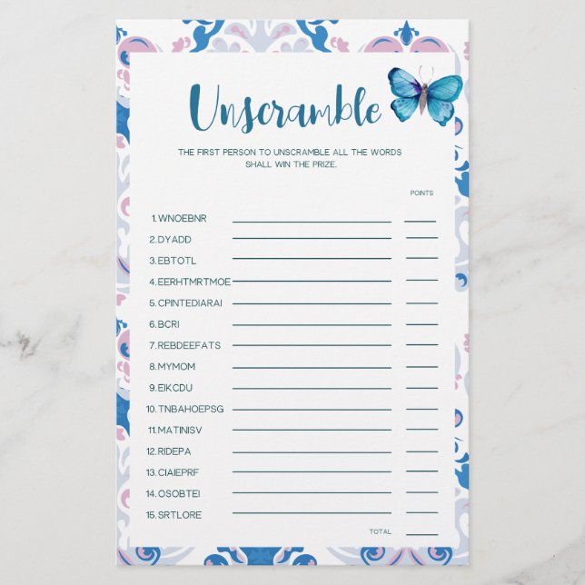 Tea Party Baby Shower Game Baby Word Scramble game (Front)