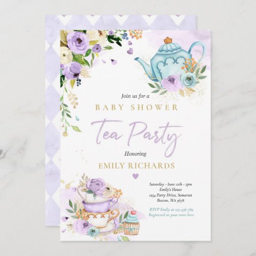 Tea Party Baby Shower Girl Lilac Rose Baby Brewing Invitation