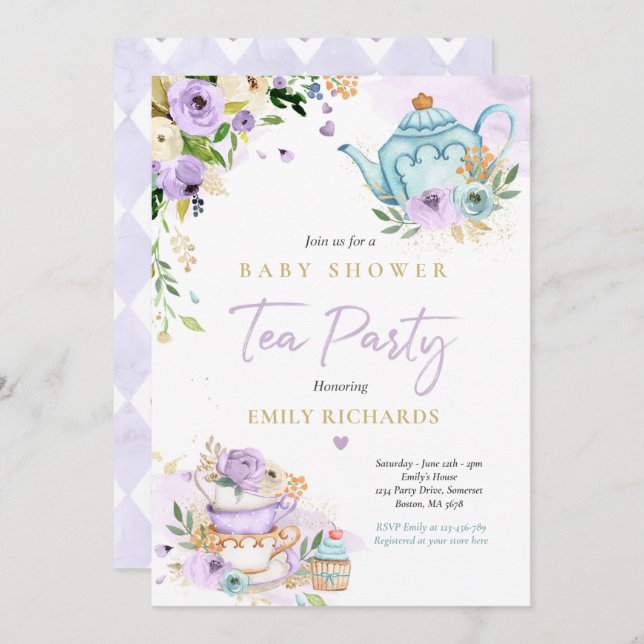 Tea Party Baby Shower Girl Lilac Rose Baby Brewing Invitation (Front/Back)