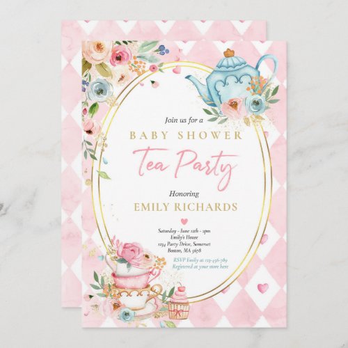 Tea Party Baby Shower Girl Pink Roses Baby Brewing Invitation