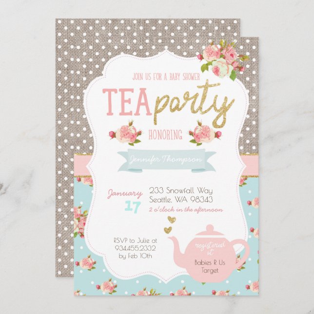 Tea Party Baby Shower Invitation (Front/Back)