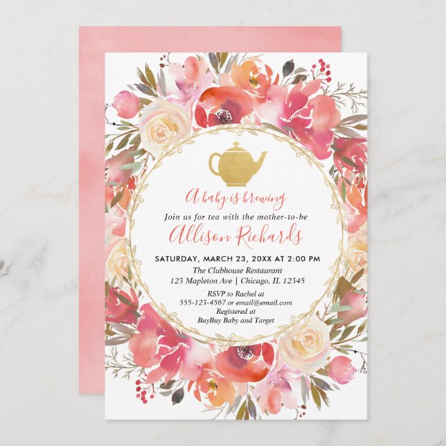 Tea party baby shower invitation, coral blush pink invitation (Front/Back)
