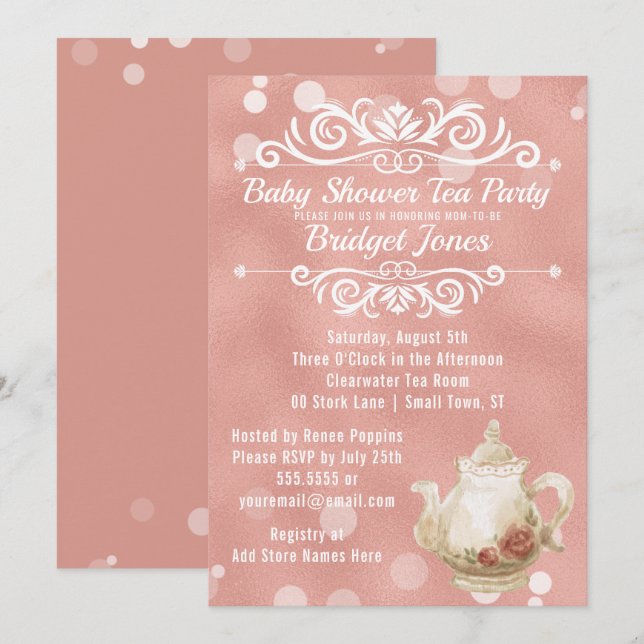 Tea Party Baby Shower Invitation Rose Gold (Front/Back)