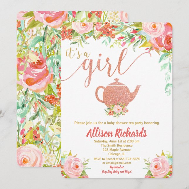 Tea party baby shower invitation rose gold (Front/Back)