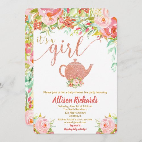 Tea party baby shower invitation rose gold