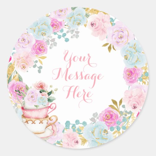 Tea Party Baby Shower Pastel Flowers Classic Round Sticker