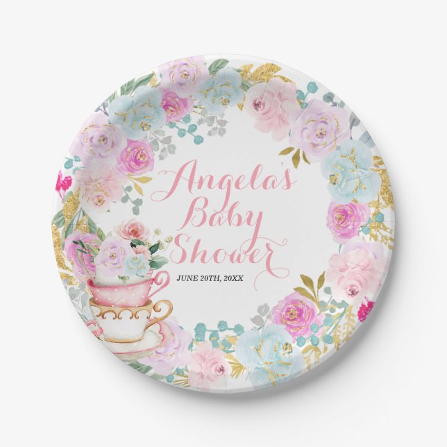 Tea Party Baby Shower Pastel Flowers Paper Plates (Front)