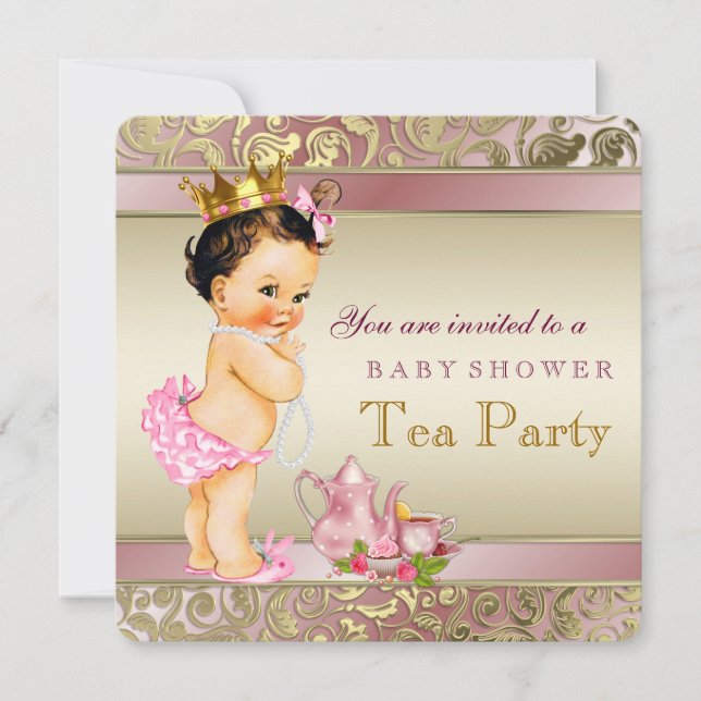 Tea Party Baby Shower Pink and Gold Pearl Invitation (Front)