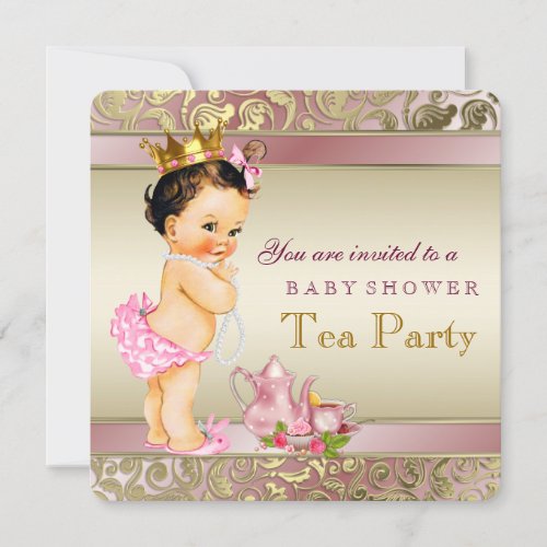 Tea Party Baby Shower Pink and Gold Pearl Invitation