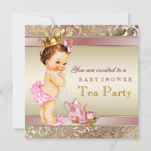 Tea Party Baby Shower Pink and Gold Pearl Invitation