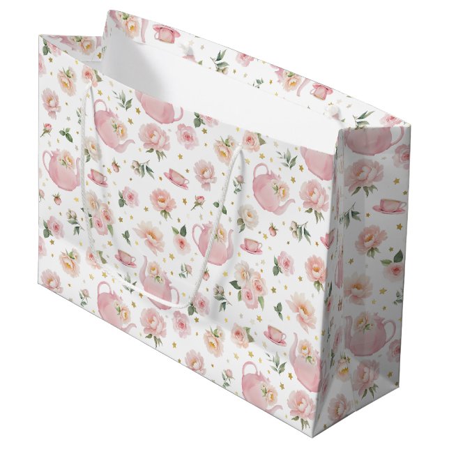 Tea Party Baby Shower Pink Floral Large Gift Bag (Front Angled)