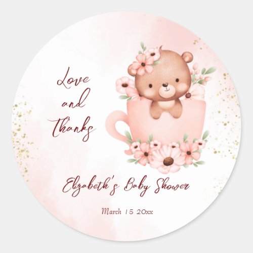 Tea party baby shower pink teddy in a cup classic round sticker