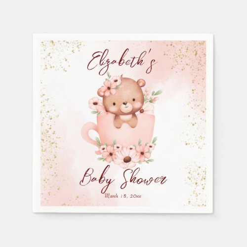 Tea party baby shower pink teddy in a cup custom napkins