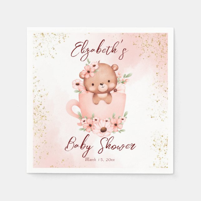 Tea party baby shower pink teddy in a cup custom napkins (Front)