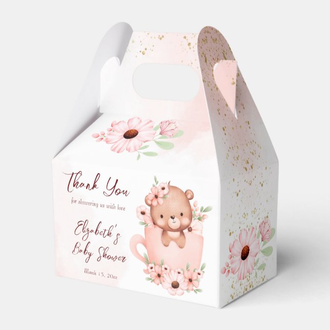 Tea party baby shower pink teddy in a cup favor boxes (Front Side)