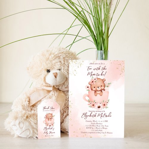 Tea party baby shower pink teddy in a cup  invitation