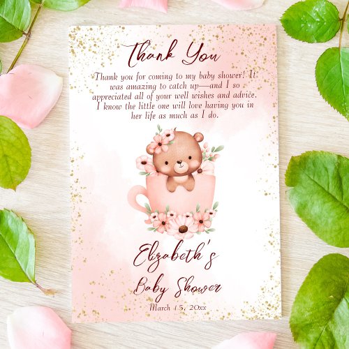 Tea party baby shower pink teddy in a cup thank you card