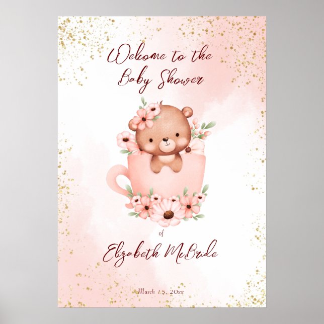 Tea party baby shower pink teddy in a cup welcome poster (Front)