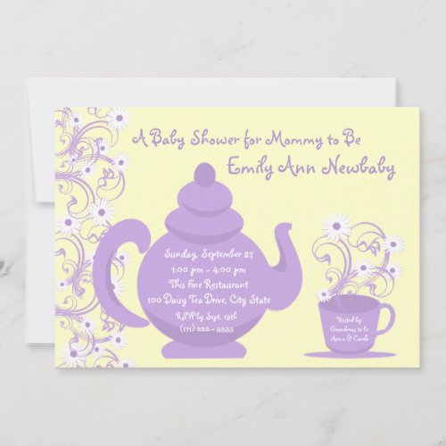 Tea Party Baby Shower Purple and yellow Invitation