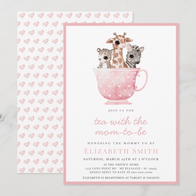 Tea Party Baby Shower Safari Animal Mom To Be Invitation (Front/Back)