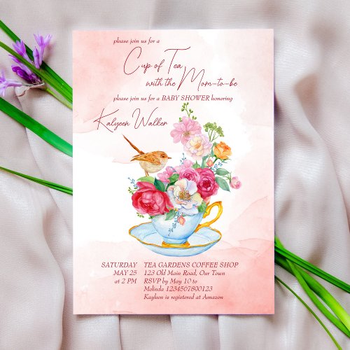 Tea party baby shower tea cup with flowers pink invitation