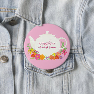 Tea Party Baby Shower Teapot Pink Girl Button
