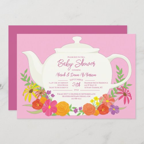 Tea Party Baby Shower teapot Pink Girl Invitation