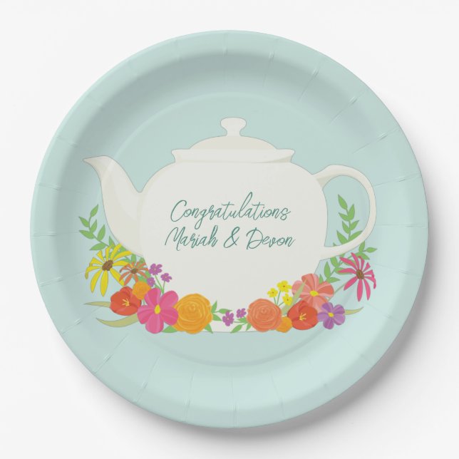 Tea Party Baby Shower Teapot Spring Floral Paper Plates (Front)
