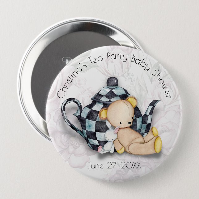 Tea Party Baby Shower (Teddy Bear) 4" Button (Front & Back)