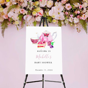 Tea Party Baby Shower Welcome Sign Pink Watercolor