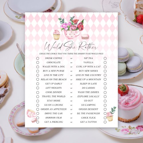 Tea party baby shower Would She Rather game