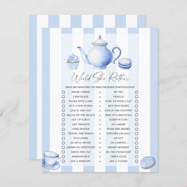 Tea party baby shower Would She Rather game (Front/Back)